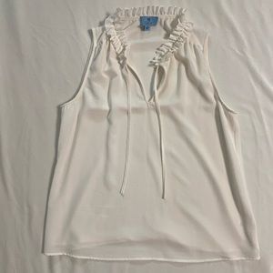 Cece White Tank Blouse With Ruffle and Tie on Neck